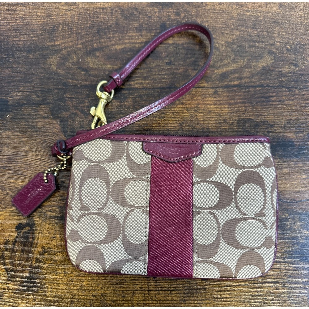 Coach F51158 Signature Stripe Small Wristlet Khaki Mahogany Burgundy Leather Zip